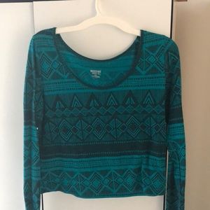 Turquoise Patterned Long Sleeve Crop Top